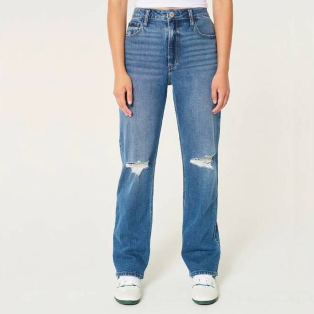 Hollister Ultra High-Rise Dad Jean Medium Wash Ripped Wide Leg Jeans 00 24" NWT